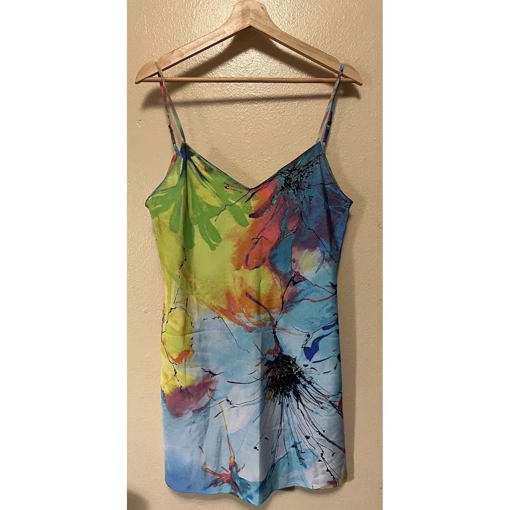Natori Private Luxuries Watercolor Slip Dress Floral Rainbow Multicolor Size S